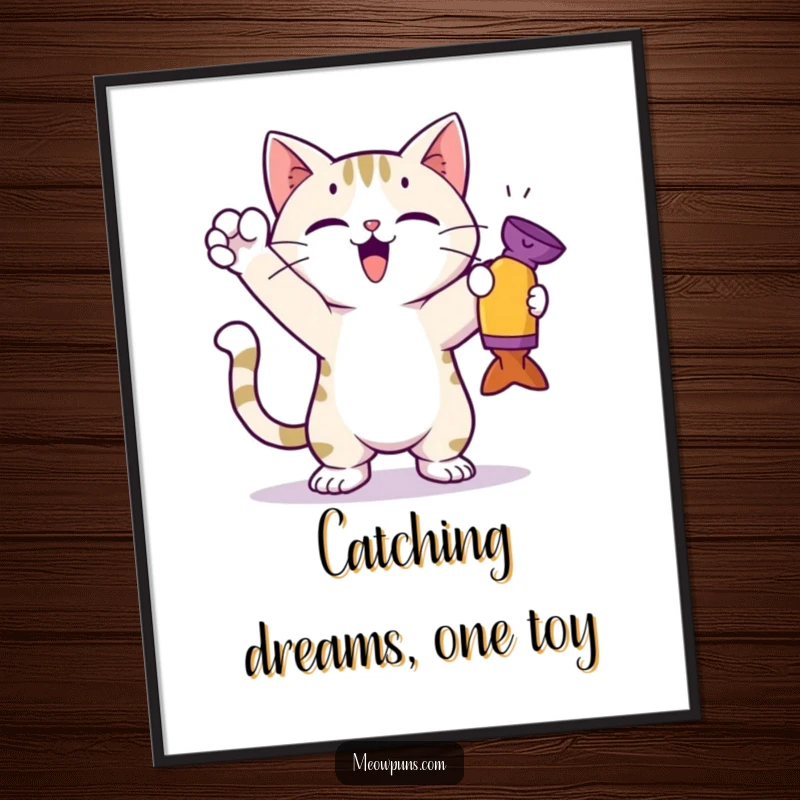 Funny Free Printable Wall Art: A determined cat standing triumphantly on its hind legs, holding a captured toy, radiating achievement.