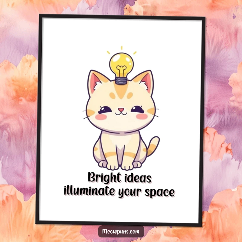 Funny Free Printable Wall Art of a cat with a bright lightbulb above its head, symbolizing genius.