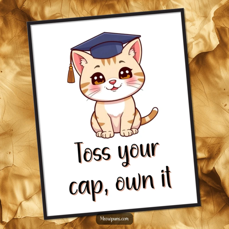 Funny Free Printable Wall Art: Cat wearing a graduation cap, throwing it up in the air, humorous downloadable art.