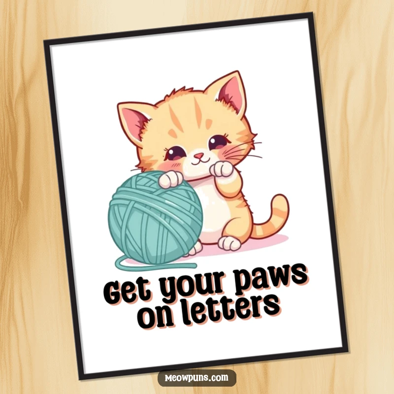 Funny Free Printable Wall Art: A playful kitten enthusiastically batting at a large yarn ball shaped like a letter.