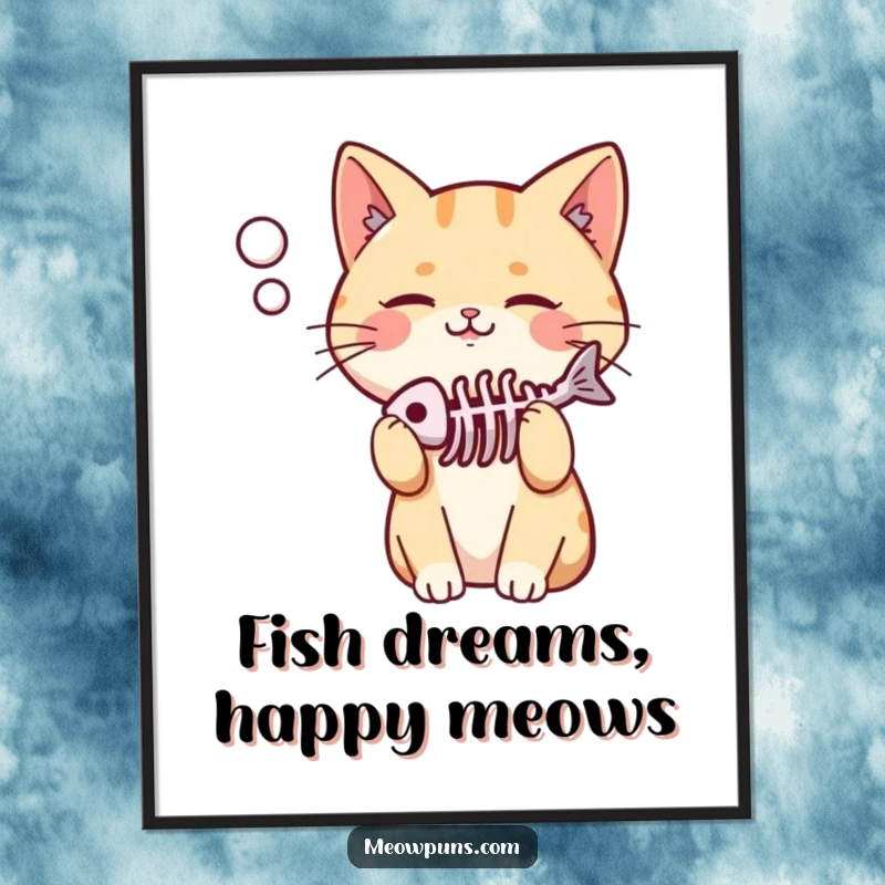 Funny Free Printable Wall Art: A cute, pleased cat with a thought bubble containing a fish skeleton.