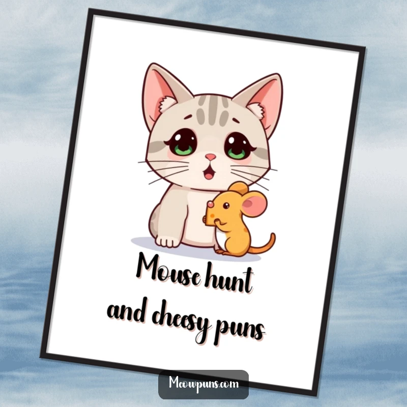 Funny free printable wall art: A cat with perked ears looks shocked as a tiny mouse holds up a piece of cheese. Iconic moment.