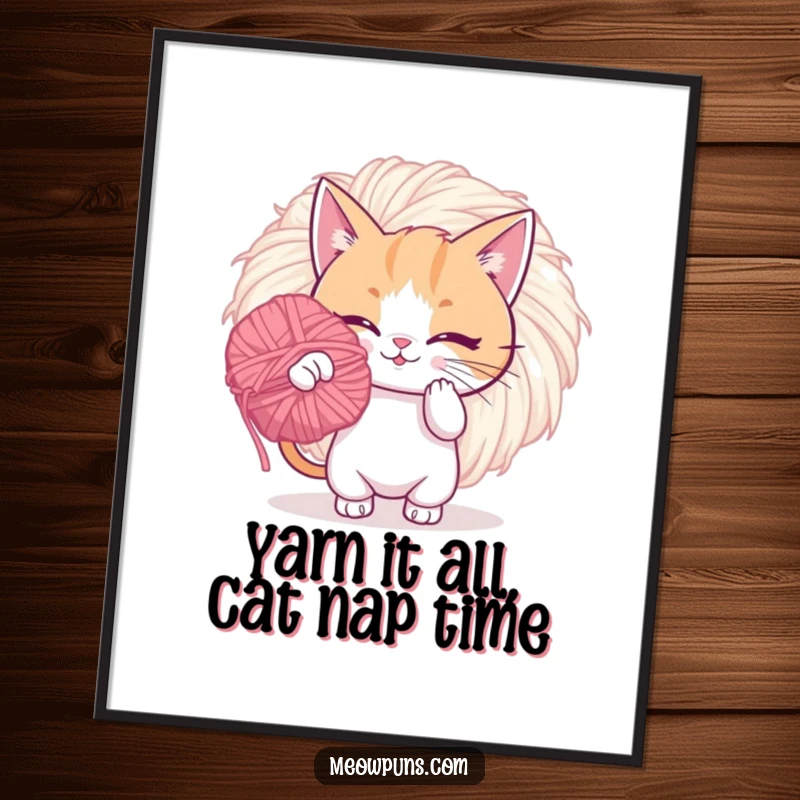 Funny free printable wall art: A cat is captured in motion, batting playfully at an oversized, fuzzy yarn pom-pom. Playtime!