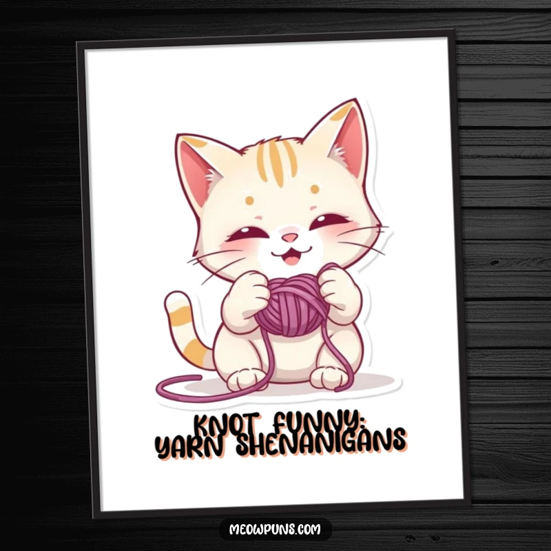 Funny Free Printable Wall Art: A mischievous cat is hilariously entangled in a giant ball of yarn, creating delightful pandemonium.