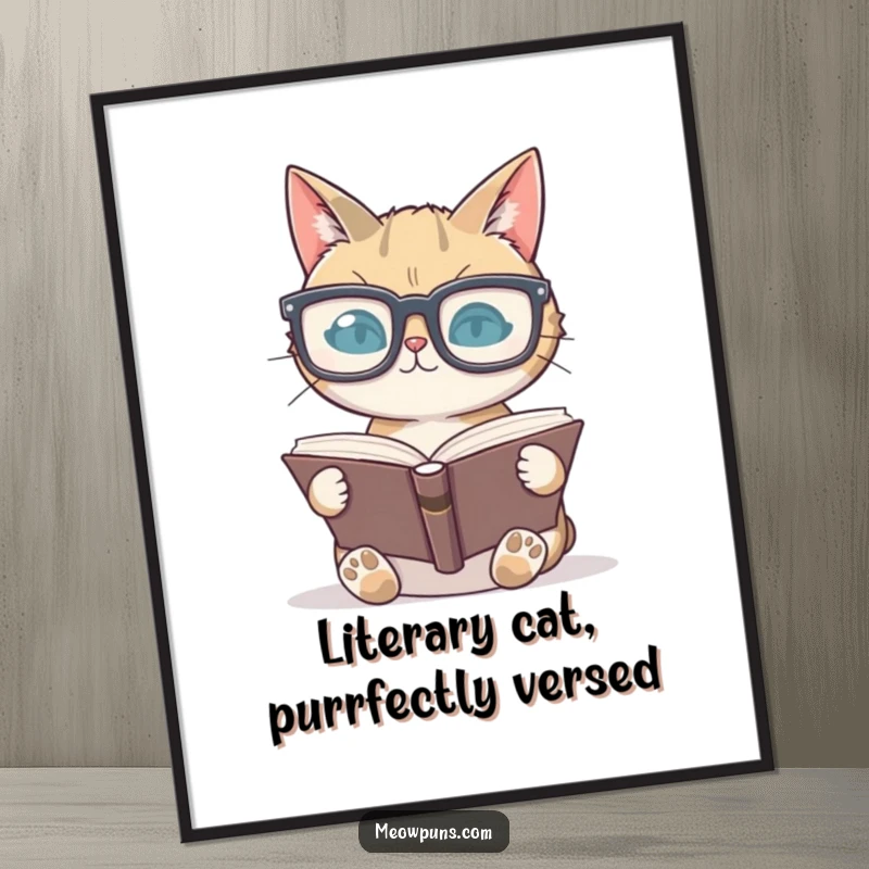 Funny Free Printable Wall Art: A studious cat wearing oversized glasses, deeply focused on reading a large, open book.