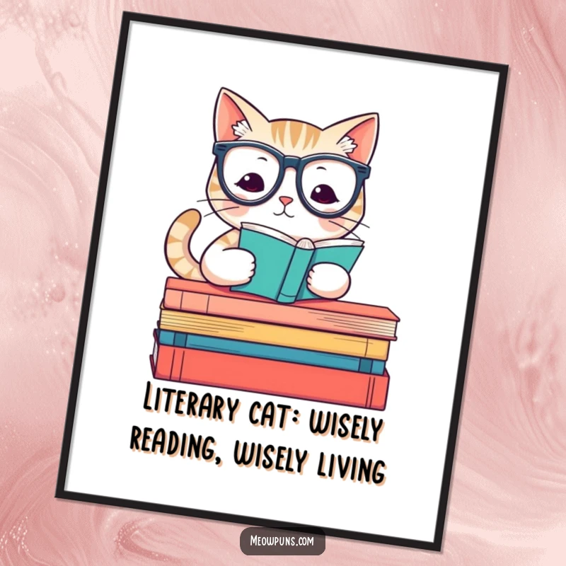 Funny Free Printable wall art depicting a studious cat in reading glasses perched atop a stack of books, looking wise.