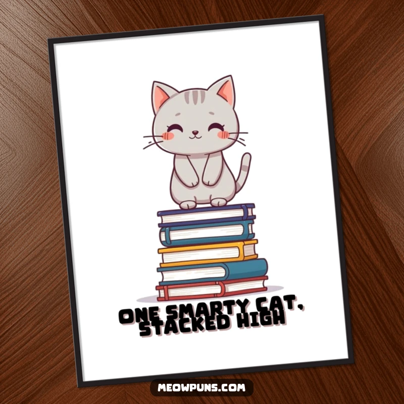 Funny Free Printable Wall Art: Cute grey cat skillfully balancing on a stack of books, adding playful humor.