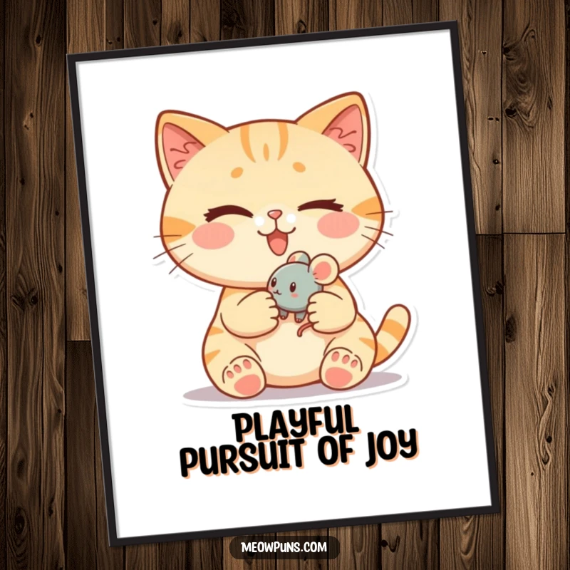 Funny Free Printable Wall Art: A cute cat with a sly wink, holding a tiny rolling toy mouse, exuding playful confidence.