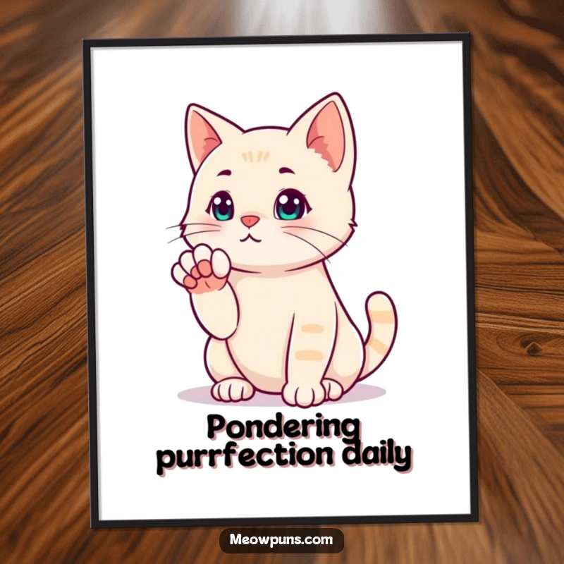 Funny Free Printable Wall Art: Cat striking a deep thinking pose with its paw, humorous downloadable art for introspection.