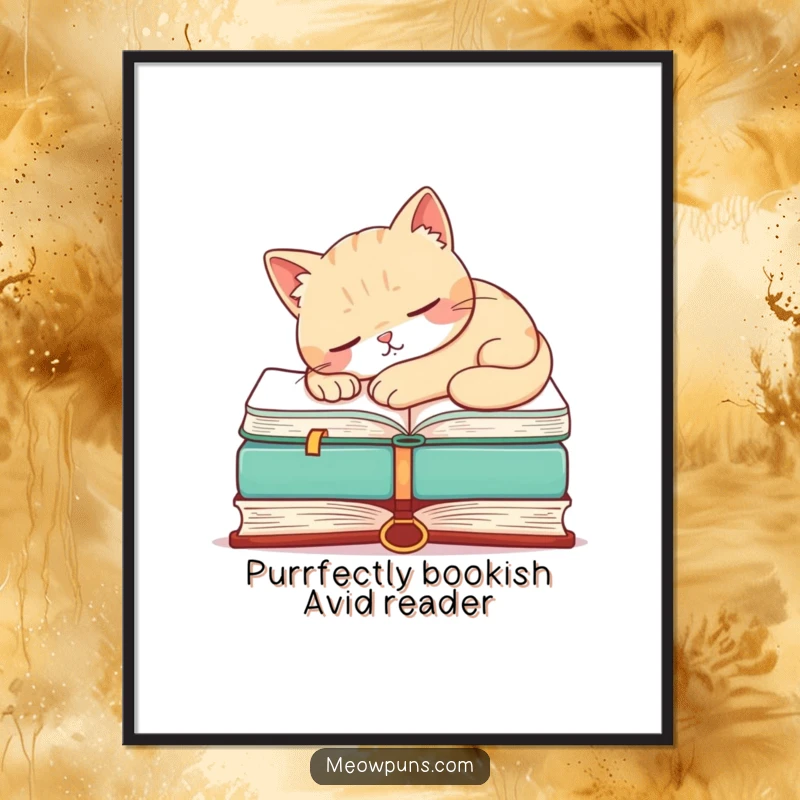 Funny Free Printable Wall Art depicting a sleepy cat snoozing on a large open book, creating a whimsical atmosphere.