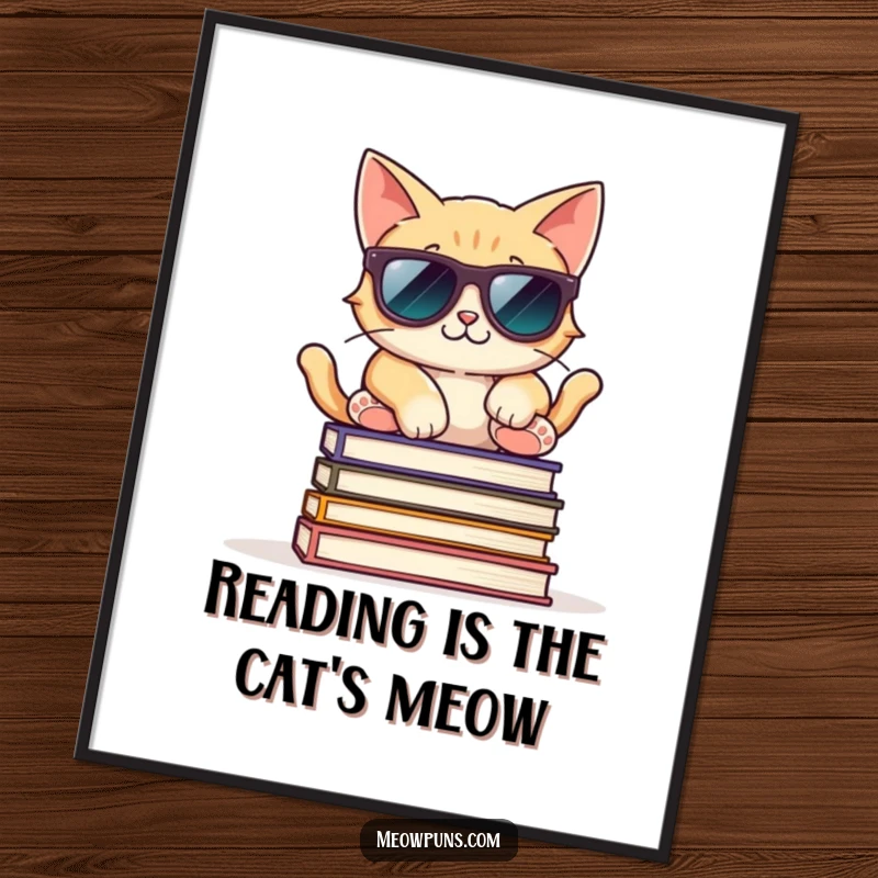 Funny free printable wall art: A cat wearing sunglasses strikes a relaxed pose atop a stack of books. Educational and cool.