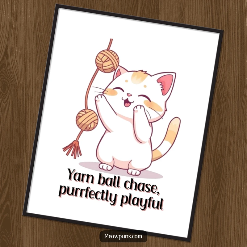 Funny Free Printable Wall Art: A cat actively and playfully batting at a colorful, dangling ball of yarn.