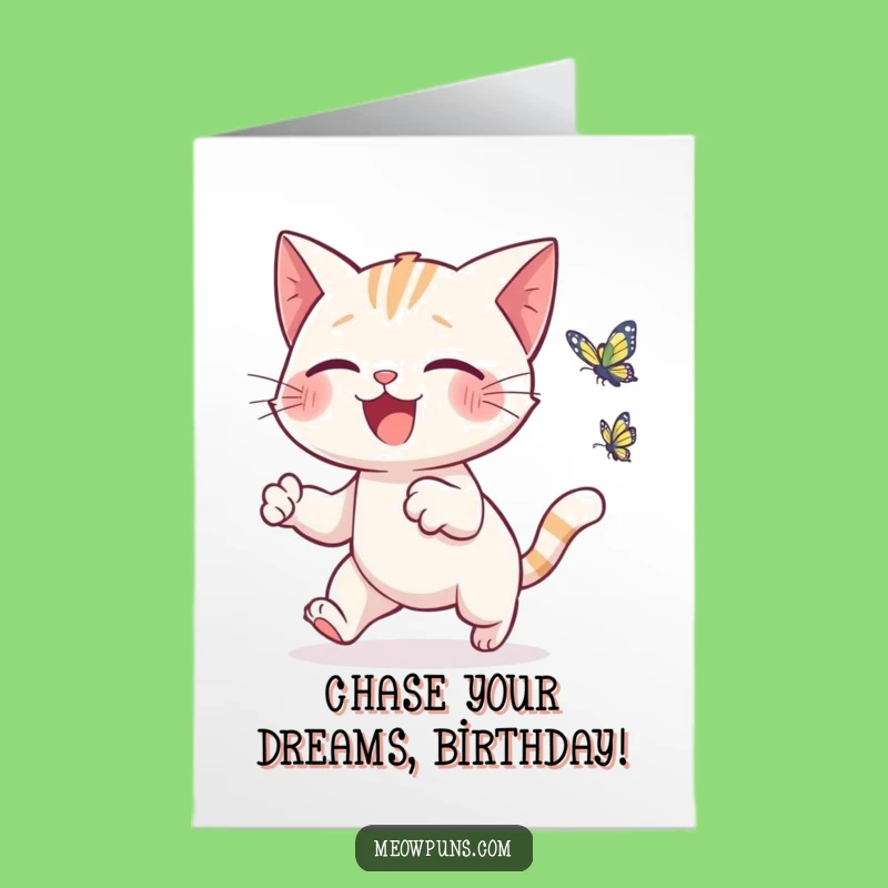 Free Printable Birthday Card: Happy Cat Chasing Butterfly - Joyful Downloadable Gift