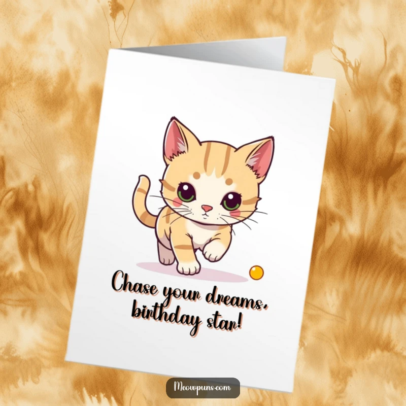 Funny Free Printable birthday card showing a cat comically chasing a red laser dot, capturing playful energy.