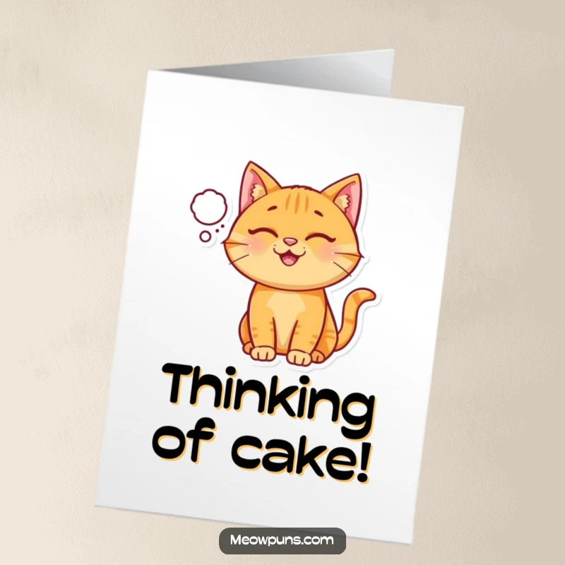 Funny Free Printable Birthday Card: Happy ginger cat wearing a tiny thought bubble filled with birthday cake.