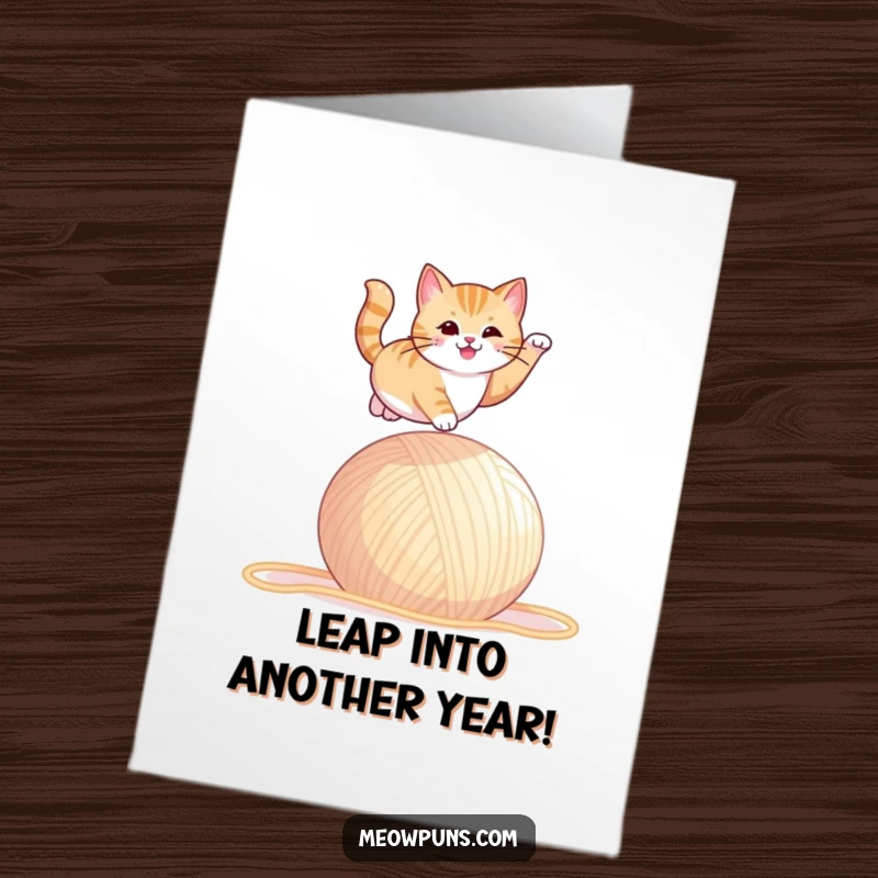 Funny Free Printable Birthday Card: Cat dramatically leaping over a giant ball of yarn, celebrating a birthday with downloadable humor.