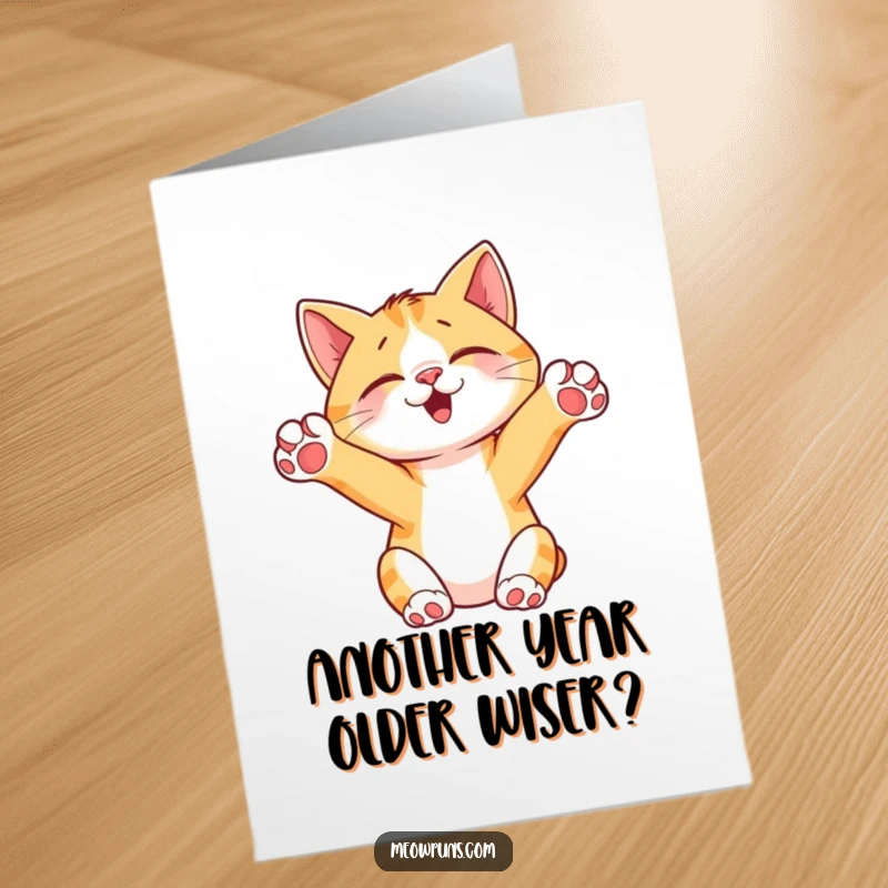Funny Free Printable Birthday Card featuring a cute cat stretching blissfully with paws held high in the air.