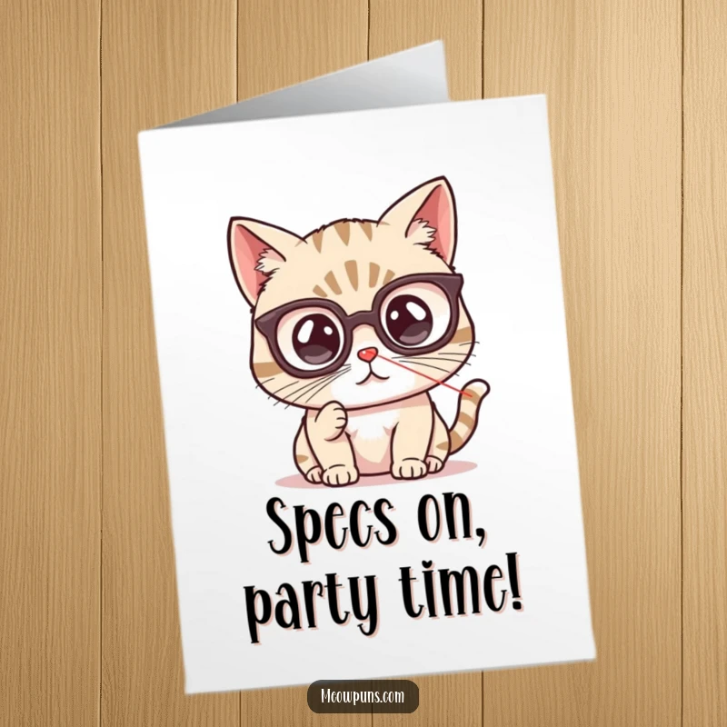 Funny Free Printable Birthday Card: Cat with tiny spectacles, mesmerized by a red laser dot, ready to pounce.