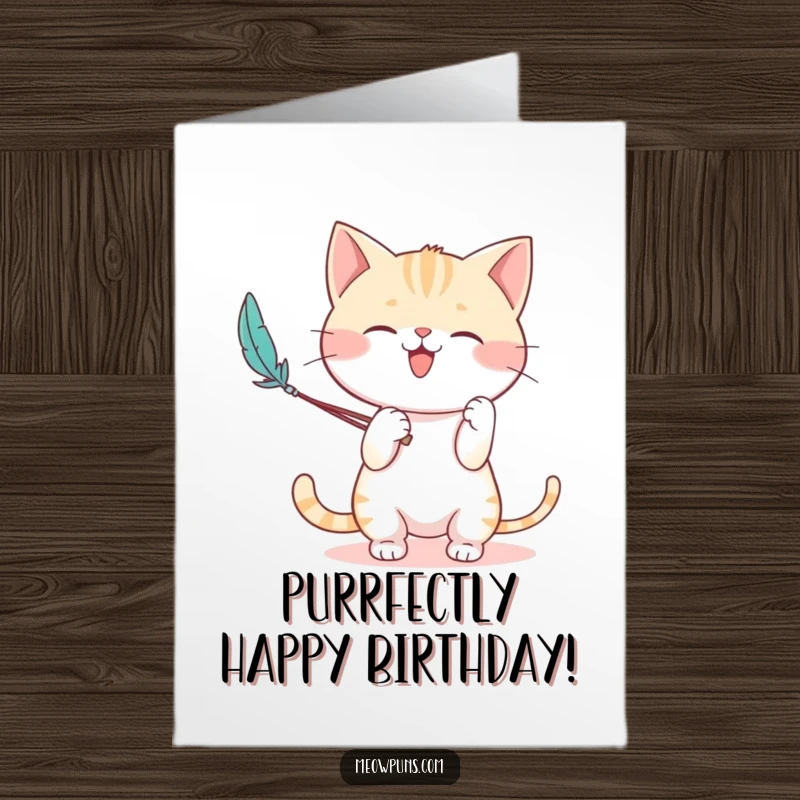Funny Free Printable Birthday Card: A cute cat character joyfully plays with a feather wand, bringing playful energy.