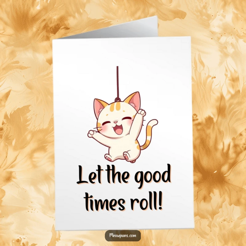 Funny Free Printable Birthday Card: A cute cat character leaping with excitement to catch a dangling string.