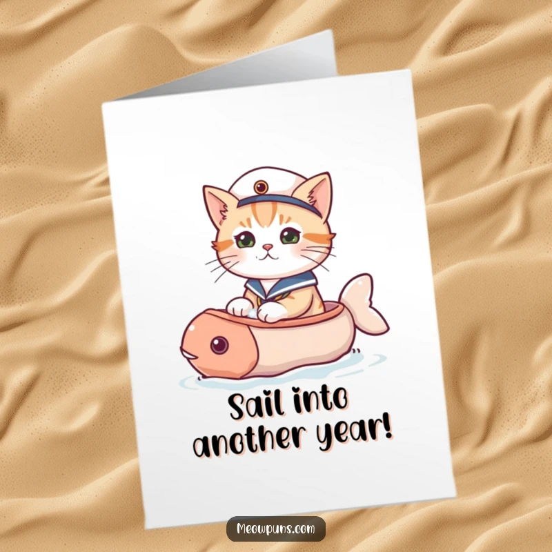 Funny Free Printable Birthday Card: Cat in a tiny sailor hat joyfully steering a fish-shaped boat.