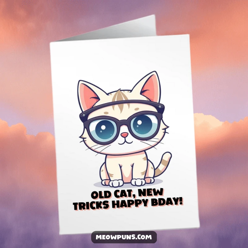 Funny Free Printable Birthday Card: Cute cat donned in huge reading glasses, looking scholarly and sweet.