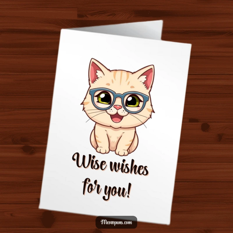 Funny Free Printable Birthday Card: A happy cat sporting tiny, round spectacles with a studious expression.