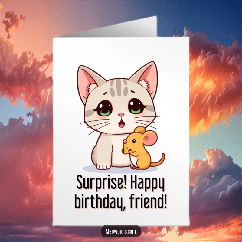 Funny free printable birthday card: A cat with perked ears looks utterly surprised at a mouse holding a tiny wedge of cheese. Oh no!