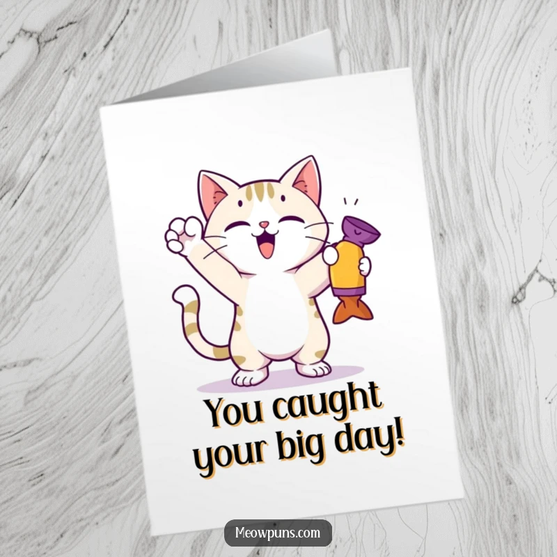 Funny Free Printable Birthday Card: A cat standing proudly on hind legs, striking a triumphant pose with a toy mouse in its paws.