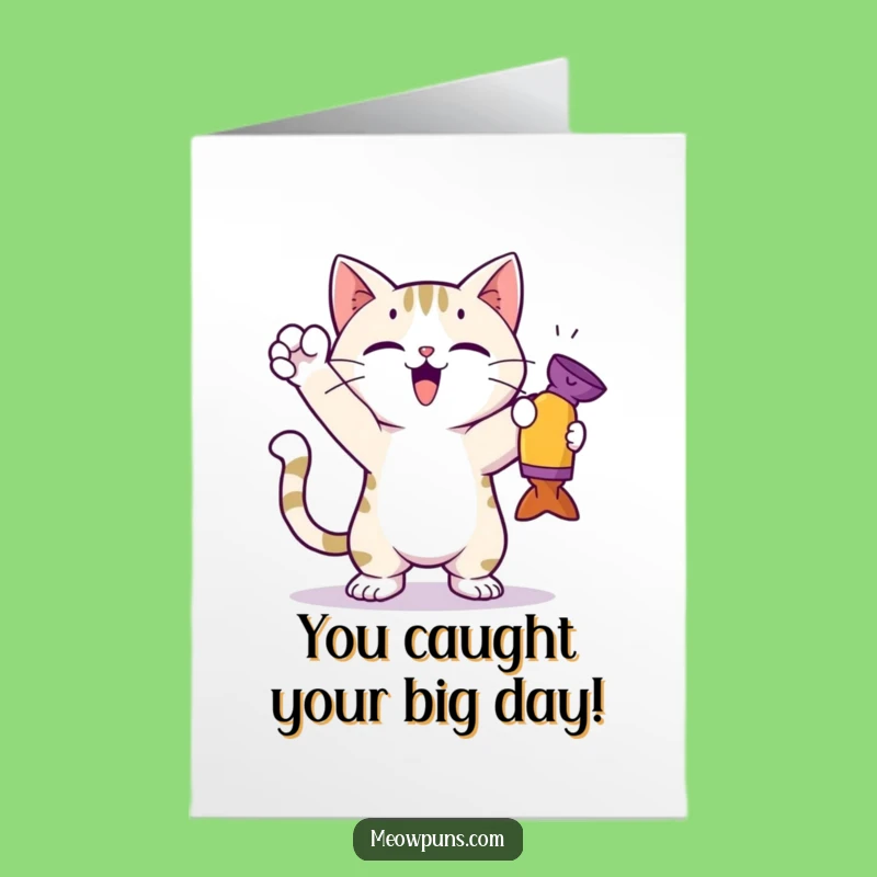 Free Printable Birthday Card: Triumphant Cat, Toy - Victory Downloadable Gift
