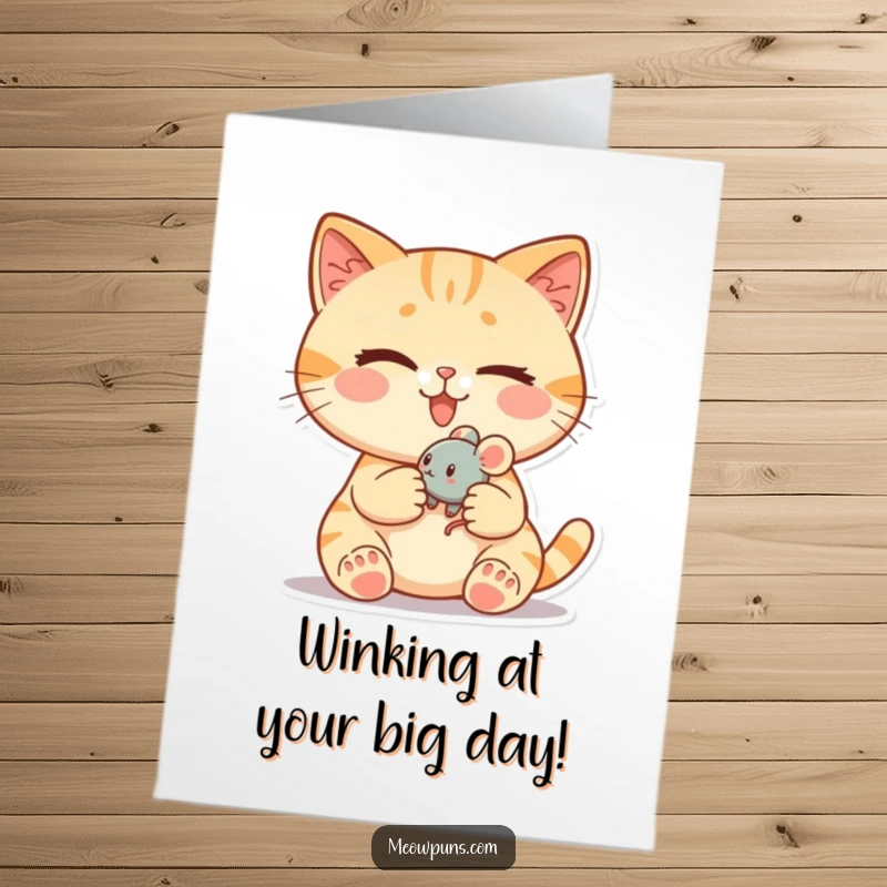 Funny Free Printable Birthday Card: A cat winks mischievously while holding a small, rolling toy mouse, celebrating a successful playful hunt.