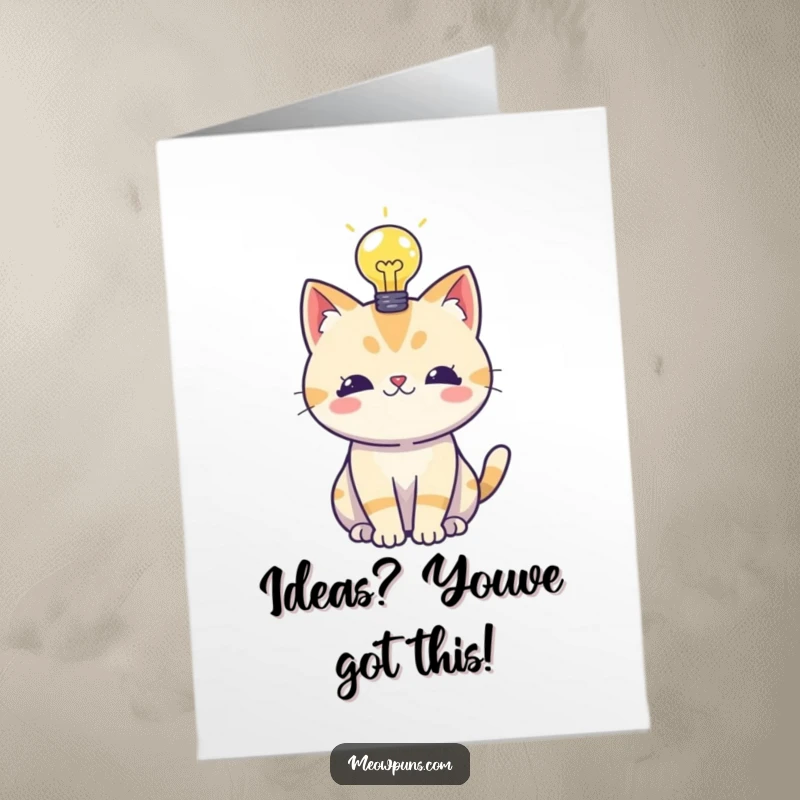 Funny Free Printable Birthday Card with a smart cat having a brilliant lightbulb idea, ready to celebrate.