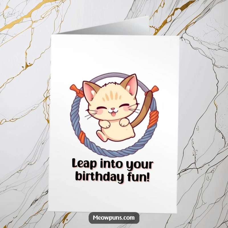 Funny Free Printable Birthday Card: Mischievous Siamese cat leaping through a hoop made of yarn, celebrating a birthday.