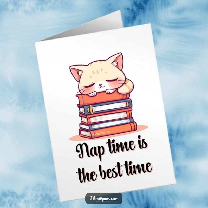 Funny Free Printable Birthday Card: Sleepy cat dressed as a bookworm slumbers on a pile of novels, perfect for a book lover.