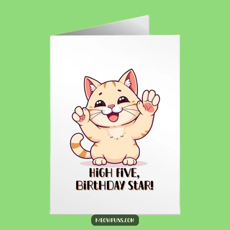 Free Printable High Five Cat Birthday Card: Energetic Feline Downloadable Gift