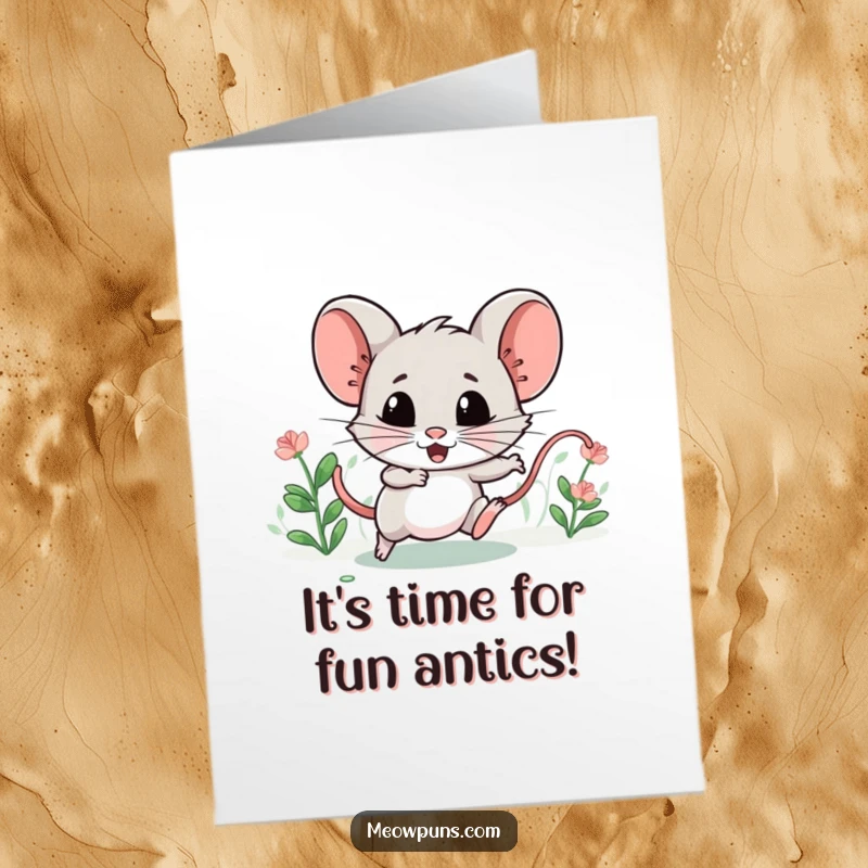Funny Free Printable Birthday Card showing a mischievous catnip mouse leading a pack of tiny, excited admirers.
