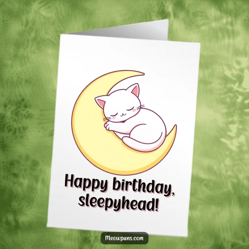 Free Printable Sleepy Cat Moon Birthday Card: Adorable sleepy cat peacefully curled up on a crescent moon.