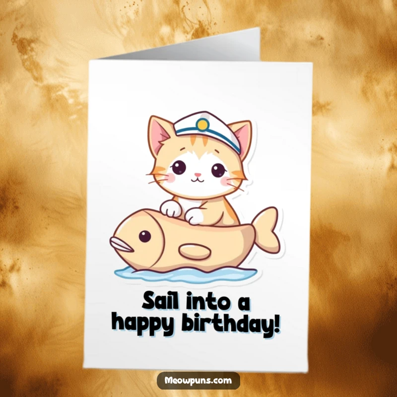 Funny Free Printable Birthday Card: Cat in sailor hat on fish boat, nautical birthday wish, downloadable gift.