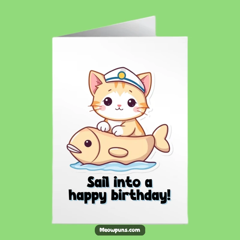 Free Printable Funny Birthday Card: Sailor Cat, Fish Boat Voyage, Downloadable Gift