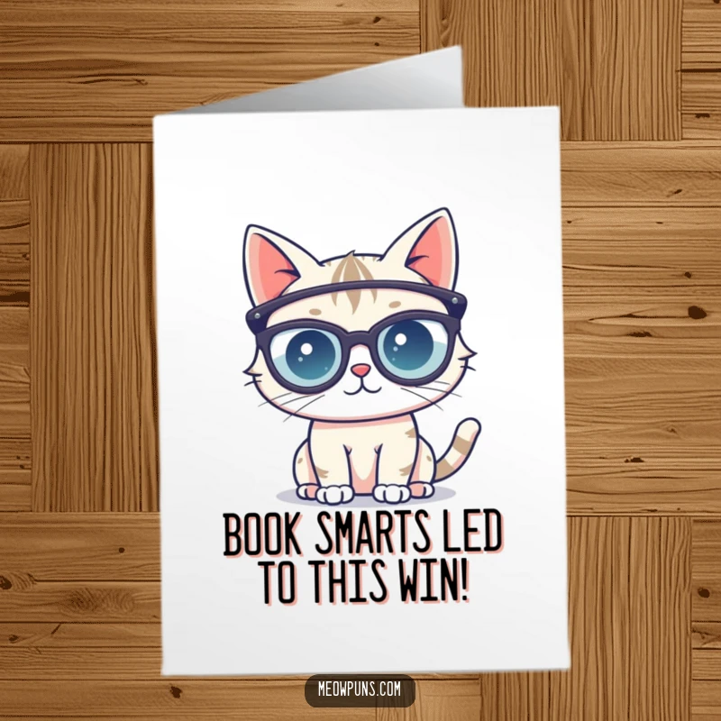 Funny Free Printable Congrats Card: Adorable cat wearing comically large reading glasses, signifying wisdom and success.