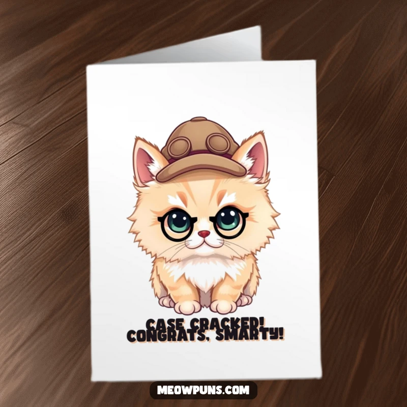 Funny Free Printable Congrats Card: A fluffy cat in a detective hat intently examining a clue with a serious expression.