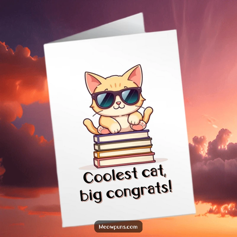 Funny free printable congratulations card: A cat in sunglasses poses coolly on a pile of books. Success looks good on you!