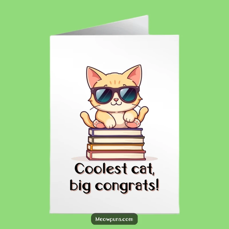 Free Printable Congrats Card: Cool Cat on Books, Relaxed Celebration Gift