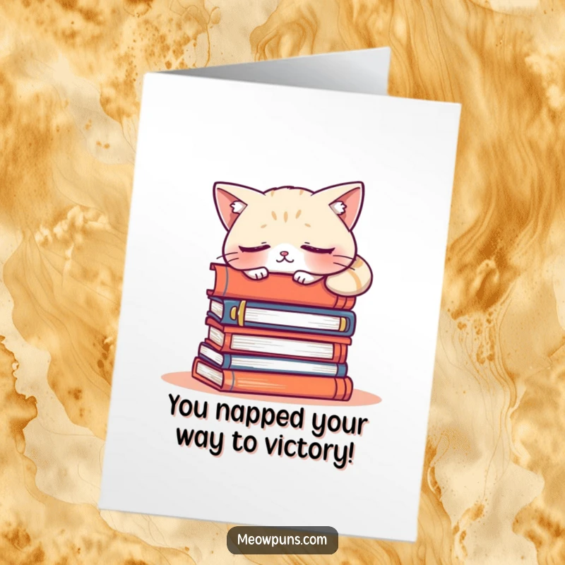 Funny Free Printable Congratulations Card: A sleepy cat wearing glasses naps on a stack of books, conveying quiet success.