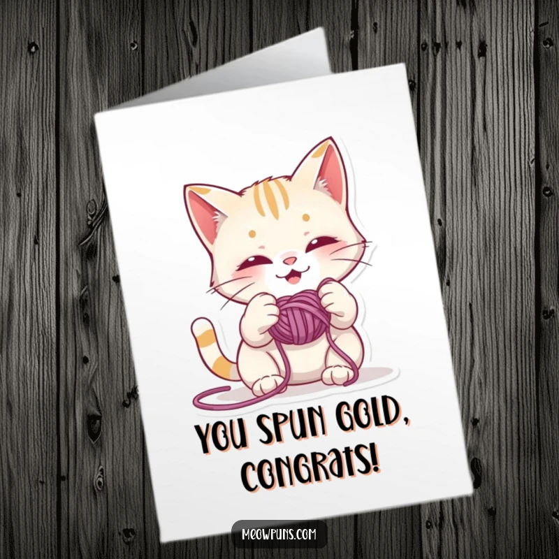 Funny Free Printable Congratulations Card: A mischievous cat is hilariously tangled in a huge ball of yarn, celebrating victory.