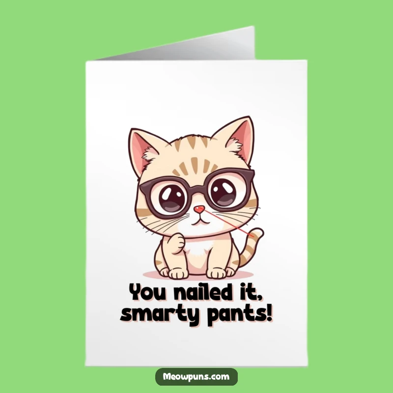 Free Printable Congrats Card: Amused Cat with Glasses, Laser Pointer - Joke Downloadable