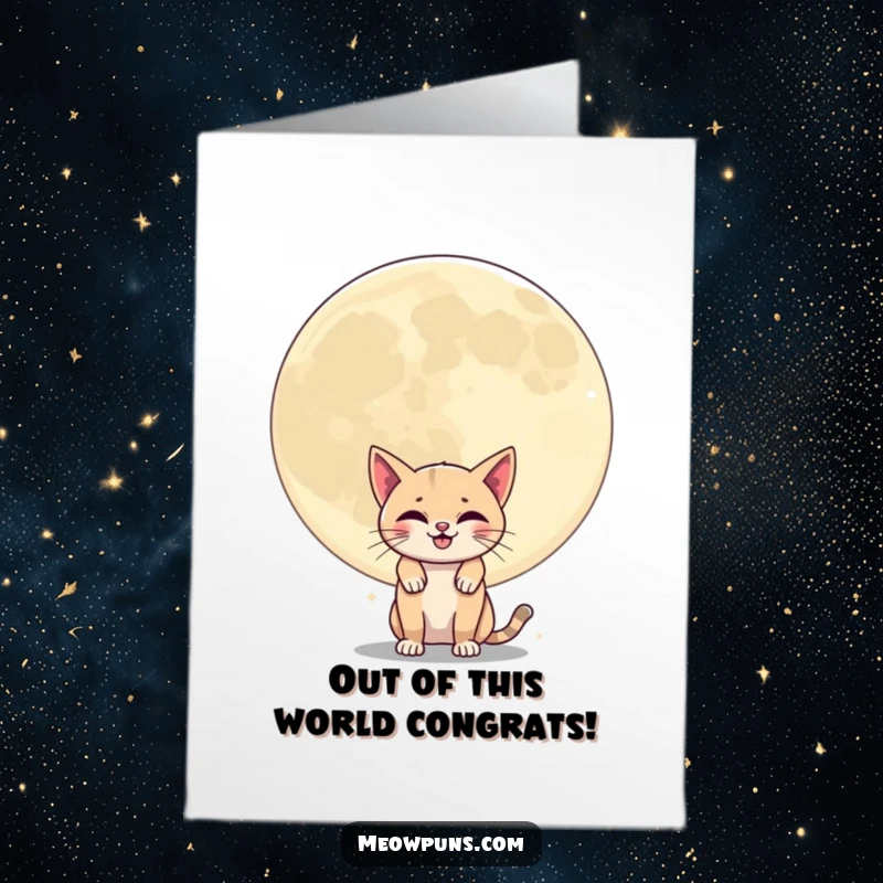 Funny Free Printable Congratulations Card: Cat peeking from behind a grinning moon, cosmic celebration, downloadable.