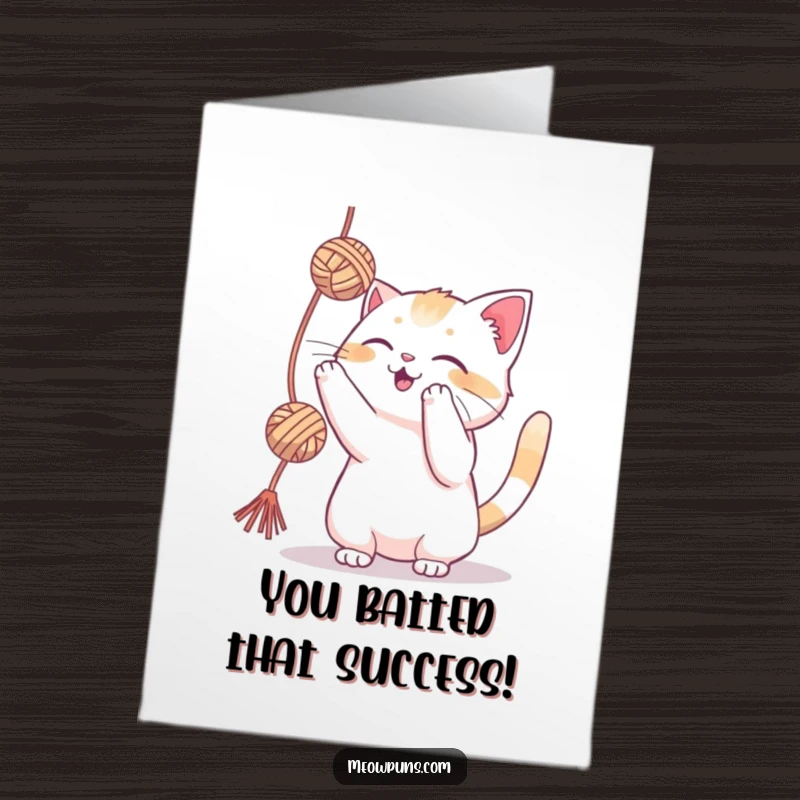 Funny Free Printable Congrats Card: A cat joyfully pouncing and batting at a dangling yarn ball in celebration.
