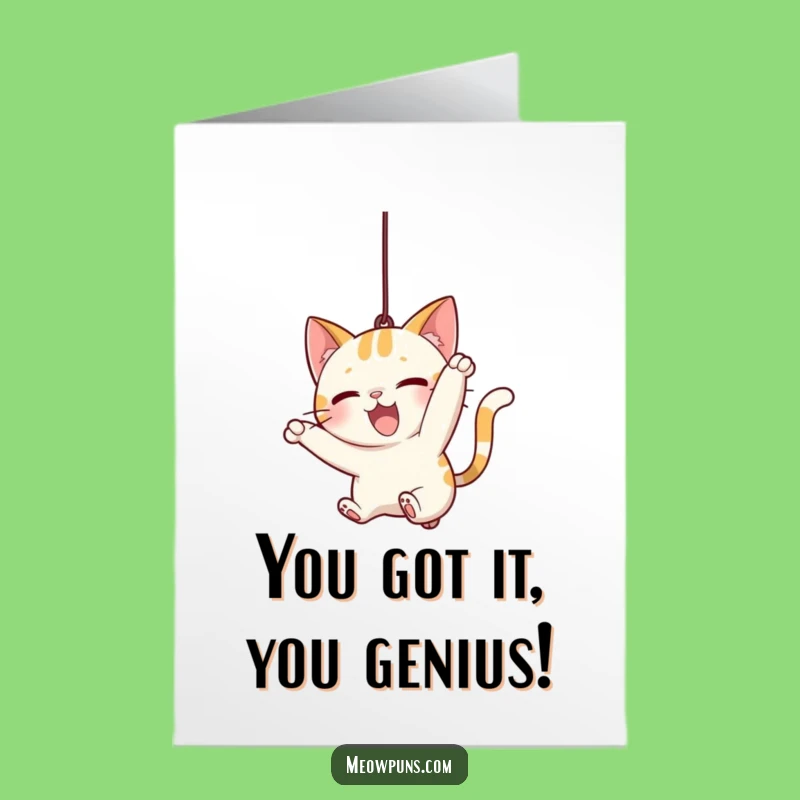 Free Printable Congrats Card: Energetic Cat Pounce - Catch Success Downloadable