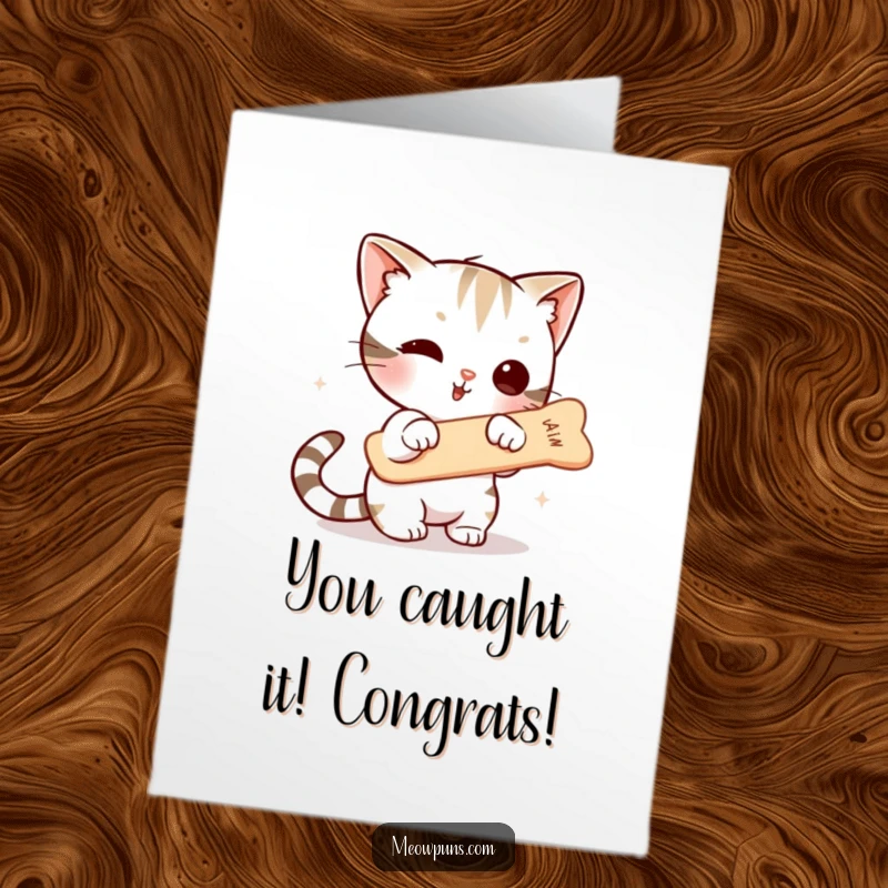 Funny Free Printable Congrats Card: Cute cat intensely focused on catching a floating fishbone, celebrating achievement.